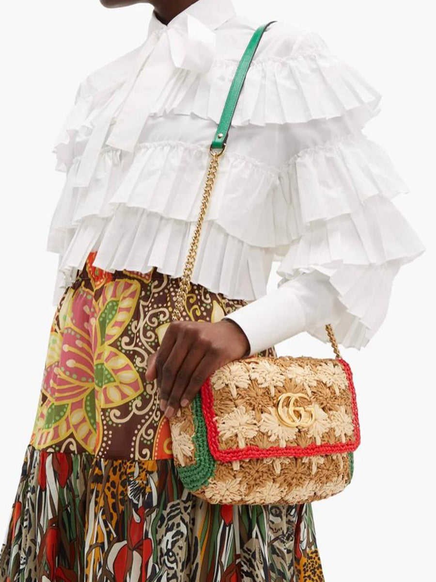 Gucci Small GG Marmont Shoulder Bag in Raffia in Brown Black – COSETTE